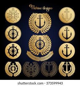 Graphic nautical emblem.  Anchor and steering wheel in the circle shape. Sea and ocean vector design in golden colors isolated on dark background