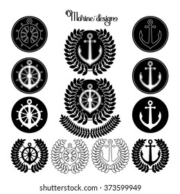 Graphic nautical emblem.  Anchor and steering wheel in the circle shape. Sea and ocean vector design isolated on white background