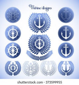 Graphic nautical emblem.  Anchor and steering wheel in the circle shape. Sea and ocean vector design in blue colors