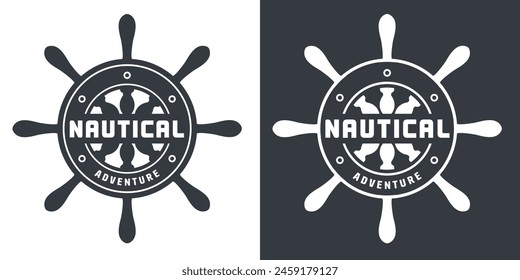 Graphic nautical emblem featuring a ship wheel or sea helm for marine ocean designs and sea adventure branding.