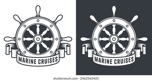 Graphic nautical emblem featuring a ship wheel or sea helm for marine ocean designs and sea adventure branding.