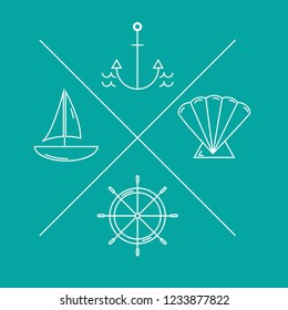 Graphic nautical logos or emblems in moden thin line style