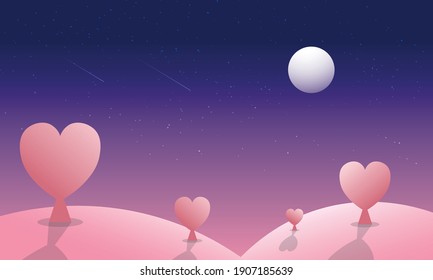 Gráfico de la luz nocturna con estrella fugaz de luna llena y árboles en la montaña. Concepto de amor 