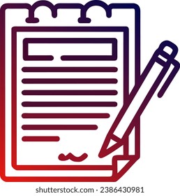 A graphic of a notepad with lines of text and a pen, outlined in gradient red to purple colors