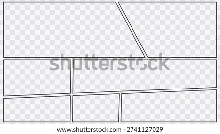 Graphic novel page layout with multiple frames and clean borders. Comic storyboard template for cartoon and webtoon production.