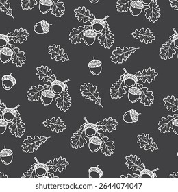 Ramificações gráficas de carvalho сpadrão sem costura. Design botânico de arte linear com bolotas e folhas para impressão em tecido e papel. Contorno branco sobre fundo cinza. Papel de parede natural vetor, capa, têxtil.