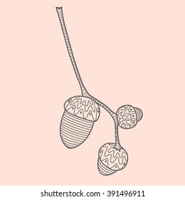 Graphic oak twig with three acorns on pink background