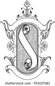 Graphic objects for the certificate. Design template. Ornament for the securities. Engraved in classic style. Isolated on white background. Hand-made. Frame with ribbon inside