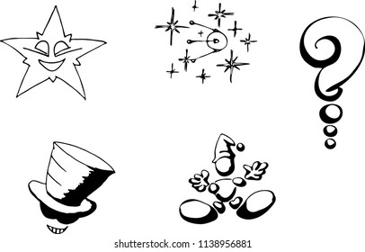 Graphic objects set. Stars, planets, question mark