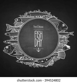 Graphic ocean fish drawn in line art style. Vector sea creatures for seafood menu design