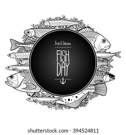 Graphic ocean fish drawn in line art style. Vector sea creatures for seafood menu. Coloring book page design