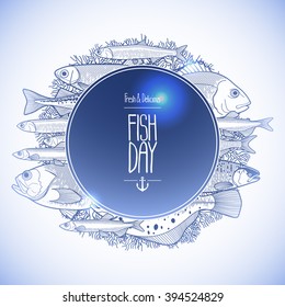 Graphic ocean fish drawn in line art style. Vector sea creatures for seafood menu design