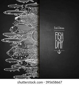 Graphic ocean fish drawn in line art style. Vector sea creatures for seafood menu.