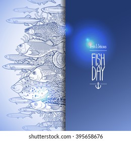 Graphic ocean fish drawn in line art style. Vector sea creatures for seafood menu design