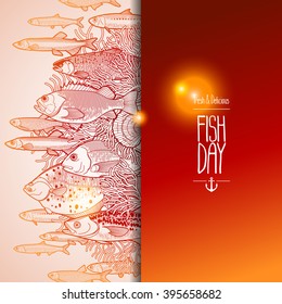 Graphic ocean fish drawn in line art style. Vector sea creatures for seafood menu design.