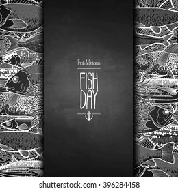 Graphic ocean fish drawn in line art style. Vector sea creatures for seafood menu design on chalkboard 