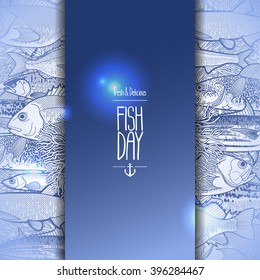 Graphic ocean fish drawn in line art style. Vector sea creatures for seafood menu design
