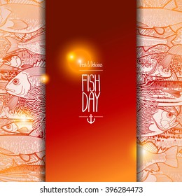 Graphic ocean fish drawn in line art style. Vector sea and ocean creatures for seafood menu design. Fish day card on chalkboard background