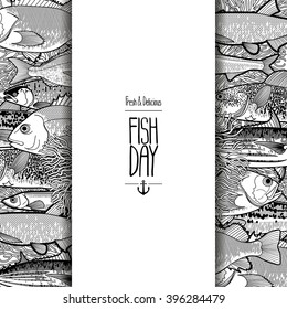 Graphic ocean fish drawn in line art style. Vector sea creatures for seafood menu. Coloring book page design