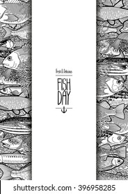 Graphic ocean fish drawn in line art style. Vector sea creatures for seafood menu. Coloring book page design