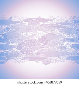 Graphic ocean fish drawn in line art style. Sea creatures for seafood menu design. Vector seamless border