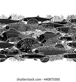 Graphic ocean fish drawn in line art style. Sea creatures for seafood menu design. Vector seamless border