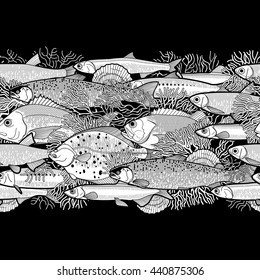 Graphic ocean fish drawn in line art style. Sea creatures for seafood menu. Vector seamless border. Coloring book page design