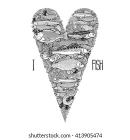 Graphic ocean fish in the shape of heart. Design elements for seafood menu. Sea creatures isolated on white background. Coloring book page for adults and kids