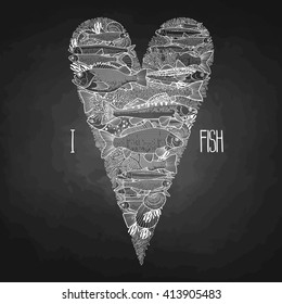 Graphic ocean fish in the shape of heart. Design elements for seafood menu. Sea creatures isolated on chalkboard