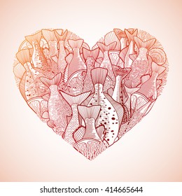 Graphic ocean fish in the shape of heart. Design elements for seafood menu. Sea creatures isolated on white background