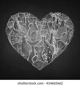 Graphic ocean fish in the shape of heart. Design elements for seafood menu. Sea creatures isolated on chalkboard