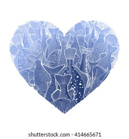 Graphic ocean fish in the shape of heart. Design elements for seafood menu. Sea creatures isolated on white background