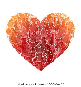 Graphic ocean fish in the shape of heart. Design elements for seafood menu. Sea creatures isolated on white background