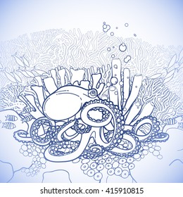 Graphic octopus and coral reef drawn in line art style. Ocean vector illustration in blue colors.