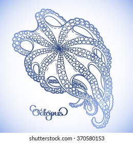 Graphic octopus drawn in a line art style. Bottom view. Sea and ocean creature isolated in blue colors