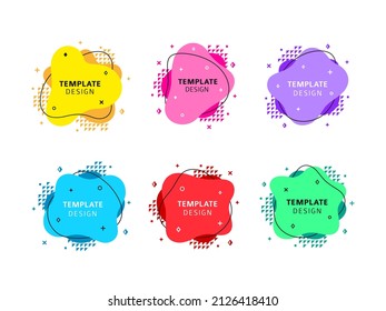 Graphic offer liquid banners elements, fluid flow design. Festival colorful shapes with geometric objects. Web digital tidy vector frames set