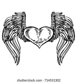 Graphic old school rockabilly tattoo style illustration of stylized flying heart with angel wings and rose wreath. Realistic detailed hand drawn art of love symbol. Design for t-shirt, clothes print.