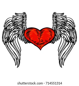 Graphic old school rockabilly tattoo style illustration of stylized flying heart with angel wings. Realistic detailed hand drawn art of love symbol.Design for t-shirt, clothes, card print.