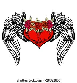 Graphic old school rockabilly tattoo style illustration of stylized flying heart with angel wings and rose wreath. Realistic detailed hand drawn art of love symbol. Design for t-shirt, clothes print.