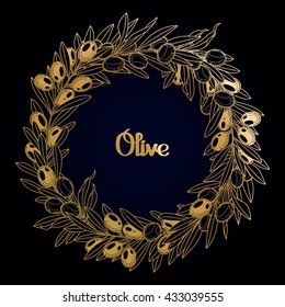 Graphic olive wreath. Vector natural design in golden colors