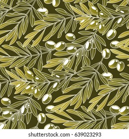 Graphic olives on the branches. Vector seamless pattern