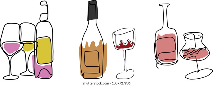 Gafas gráficas de una línea y botellas de vino. Conjunto de vector de color dibujado a mano. Todos los elementos están aislados. Se puede usar como banner, fondo, afiche, logotipo, plantilla.