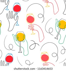 Graphic one line hands with wine. Hand drawn colored vector seamless pattern