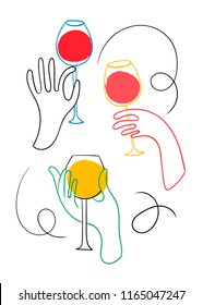 Graphic one line hands with wine. Hand drawn colored vector set. All elements are isolated