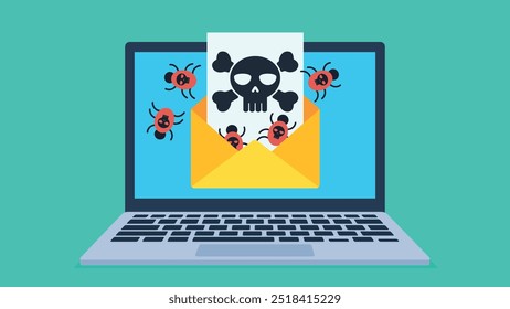 Gráfico de un sobre de correo electrónico abierto en una pantalla de portátil. Un documento de virus de cráneo y gusanos de computadora emergen del sobre. Ilustración de un correo electrónico con un virus. Gráficos de Vector en estilo de diseño plano.