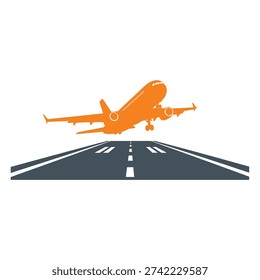 Graphic of an orange airplane lifting off a runway