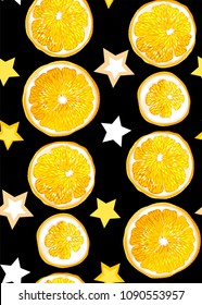 Graphic orange fruit circle slices with stars in a seamless pattern on the black background