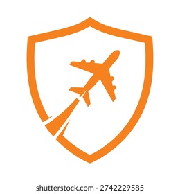 Graphic of orange shield with airplane inside, symbolizing protection