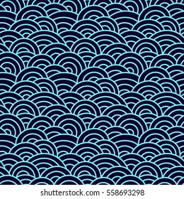 Graphic ornament. Fish skin texture. Vector seamless pattern with abstract scale. Oriental waves.