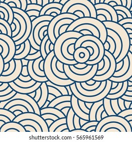 Graphic ornament. Fish skin texture. Vector seamless pattern with abstract scale. Oriental waves. Abstract flowers.